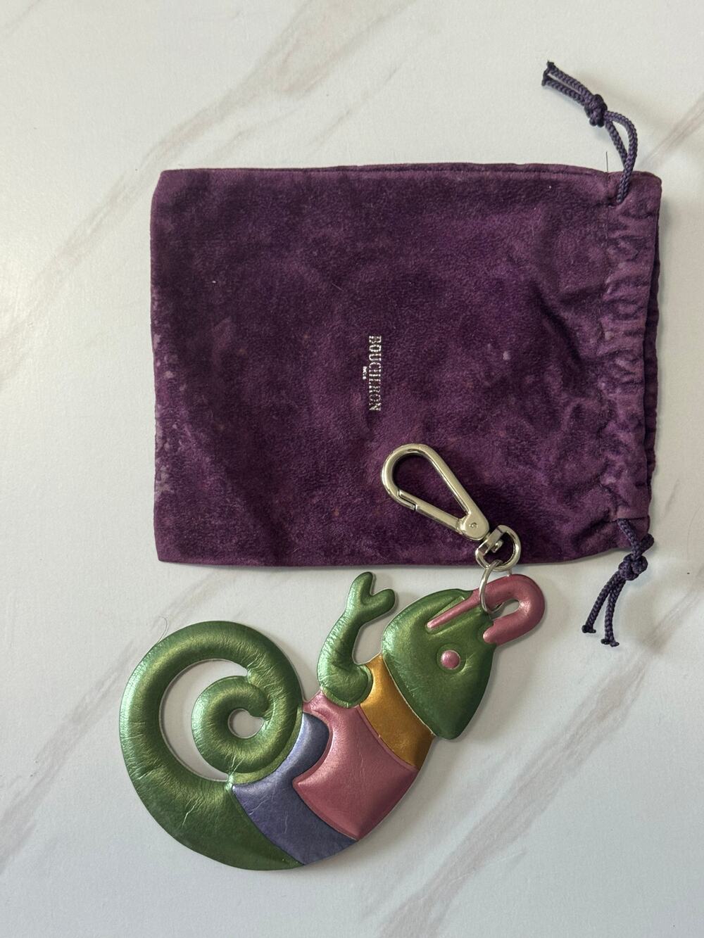 Vintage Boucheron Paris Metallic Leather Chameleon Key Ring Bag Charm